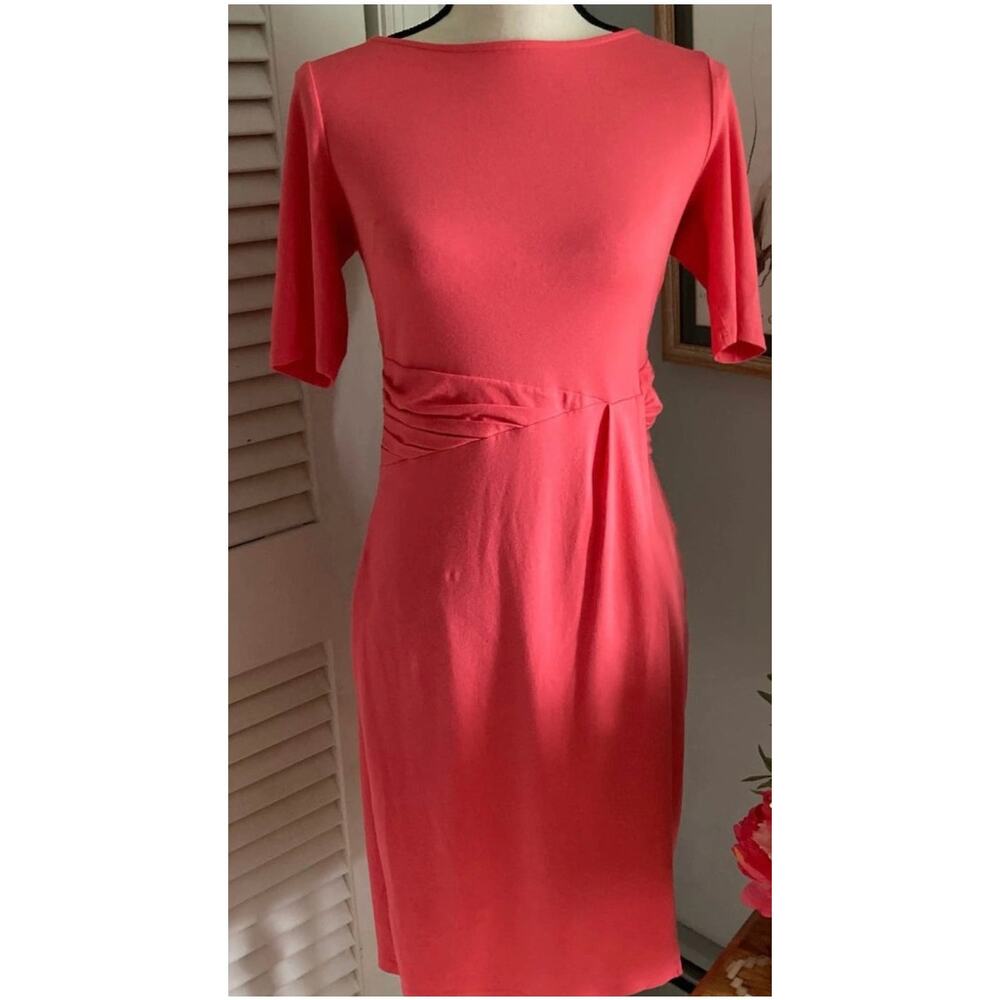 Ann Taylor Womens Size 2 Elbow Sleeve Front Ruched Midi Dress Coral 10-291161